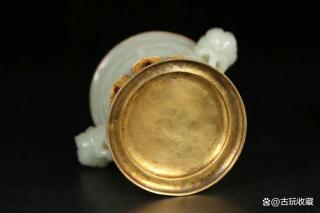 清代 和田玉包金镶宝双莲花耳盖罐「旧藏」高13.3cm耳距15.1cm
